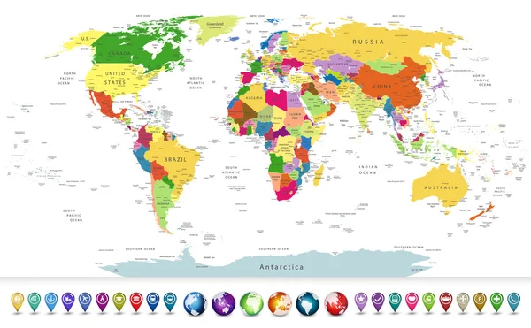 Carte du monde politique très détaillée avec un jeu de navigation brillant — Image vectorielle