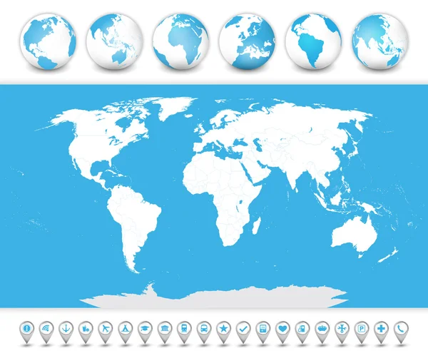 Mappa del mondo con globi e icone — Vettoriale Stock