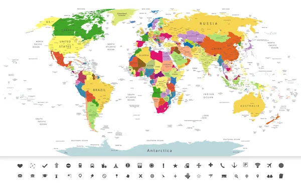 Politieke wereldkaart met navigatie pictogrammen — Stockvector