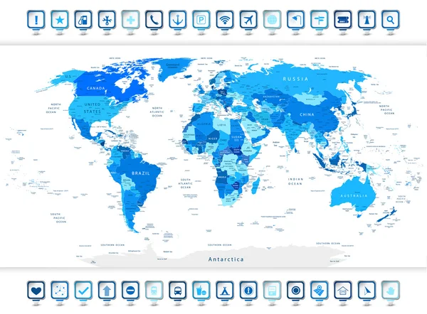 Mappa del mondo blu con icone di navigazione — Vettoriale Stock