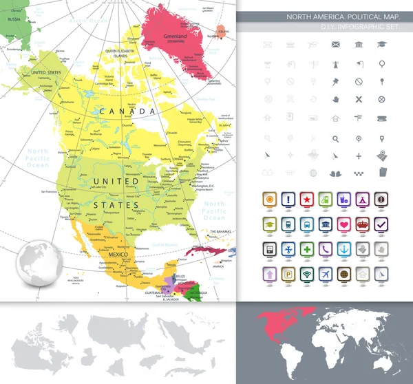 Mappa politica dettagliata del Nord America con icone quadrate 3D — Vettoriale Stock