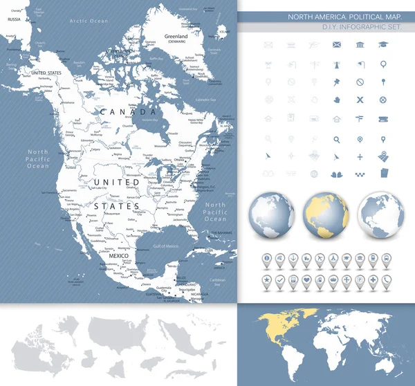 北美地区地图。灰色和蓝色 — 图库矢量图片