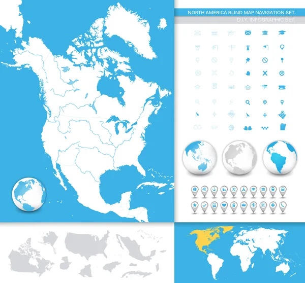 Noord-Amerika blind kaart navigatie set — Stockvector