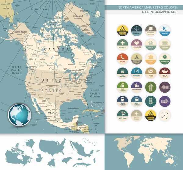 Mapa da América do Norte. Cores retro —  Vetores de Stock