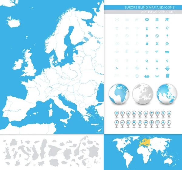 Τυφλή χάρτη της Ευρώπης και τα εικονίδια — Διανυσματικό Αρχείο