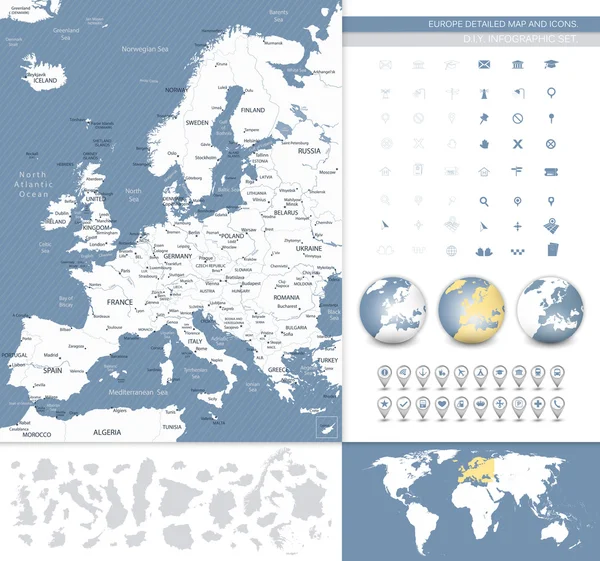 Λεπτομερή χάρτη της Ευρώπης και τα εικονίδια — Διανυσματικό Αρχείο