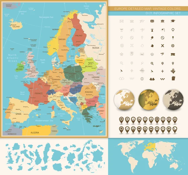 유럽 상세한 지도입니다. 빈티지 색상 — 스톡 벡터