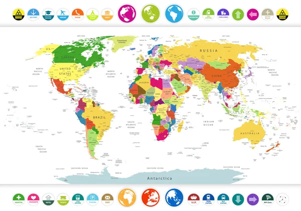 Mapa Mundial Político com ícones planos e globos — Vetor de Stock