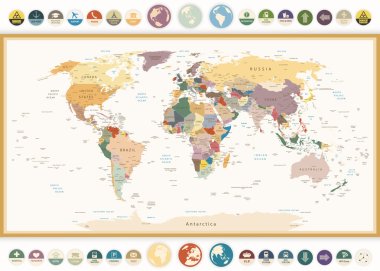 Political World Map with flat icons and globes.Vintage colors