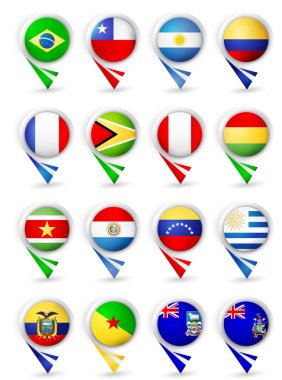 Map pointers with flags. South America all countries clipart