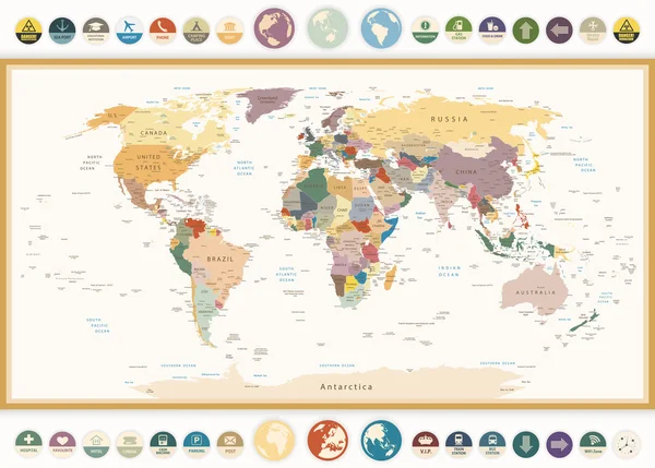 Mapa del Mundo Político con iconos planos y globos. — Vector de stock