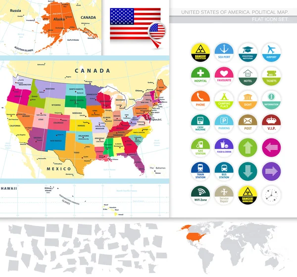 Mapa político de los Estados Unidos con sus estados y conjunto de iconos planos — Vector de stock