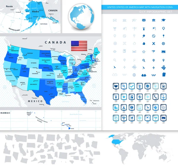 Estados Unidos da América Mapa com ícones de navegação . — Vetor de Stock