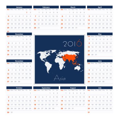 Asya 2016 takvim vektör şablonu