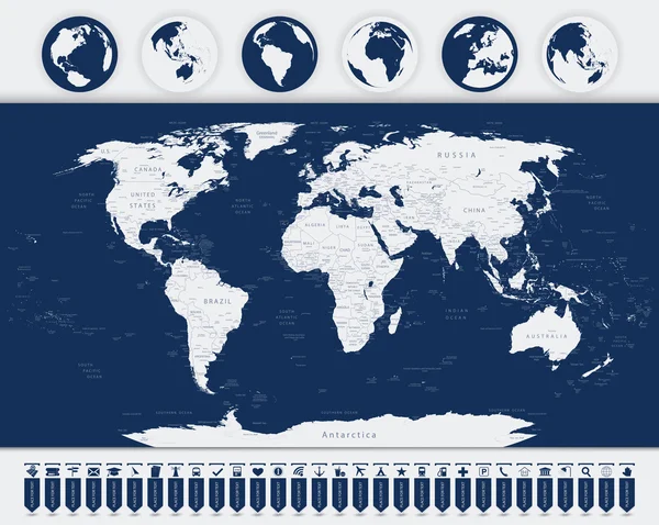 Kaart van de wereld en navigatie pictogrammen — Stockvector