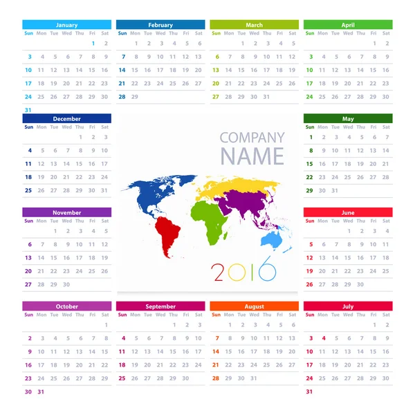 Календар 2016 Векторний дизайн Шаблон і карта світу — стоковий вектор
