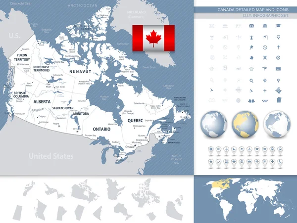 Canadá detalhou mapa e icons.Grey e azul —  Vetores de Stock