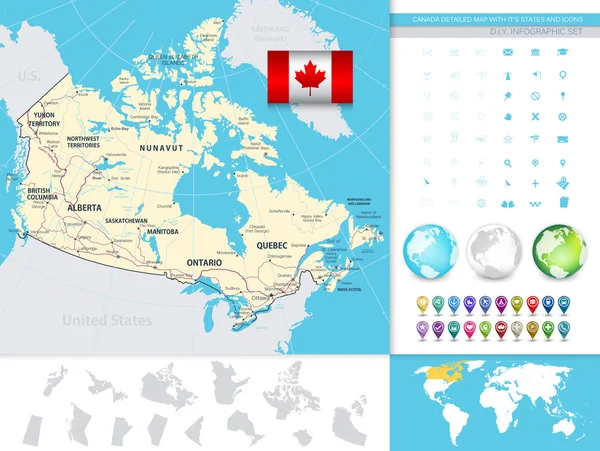 De gedetailleerde kaart Canada met zijn staten en pictogrammen — Stockvector