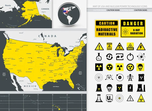 Mapa dos EUA e Ícones de Tecnologia de Energia Nuclear — Vetor de Stock