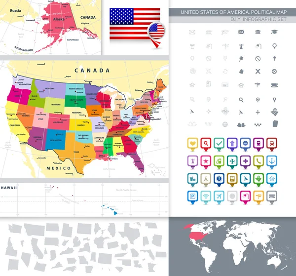 USA Szczegółowa mapa polityczna to Państwa i kolorowy kwadrat — Wektor stockowy