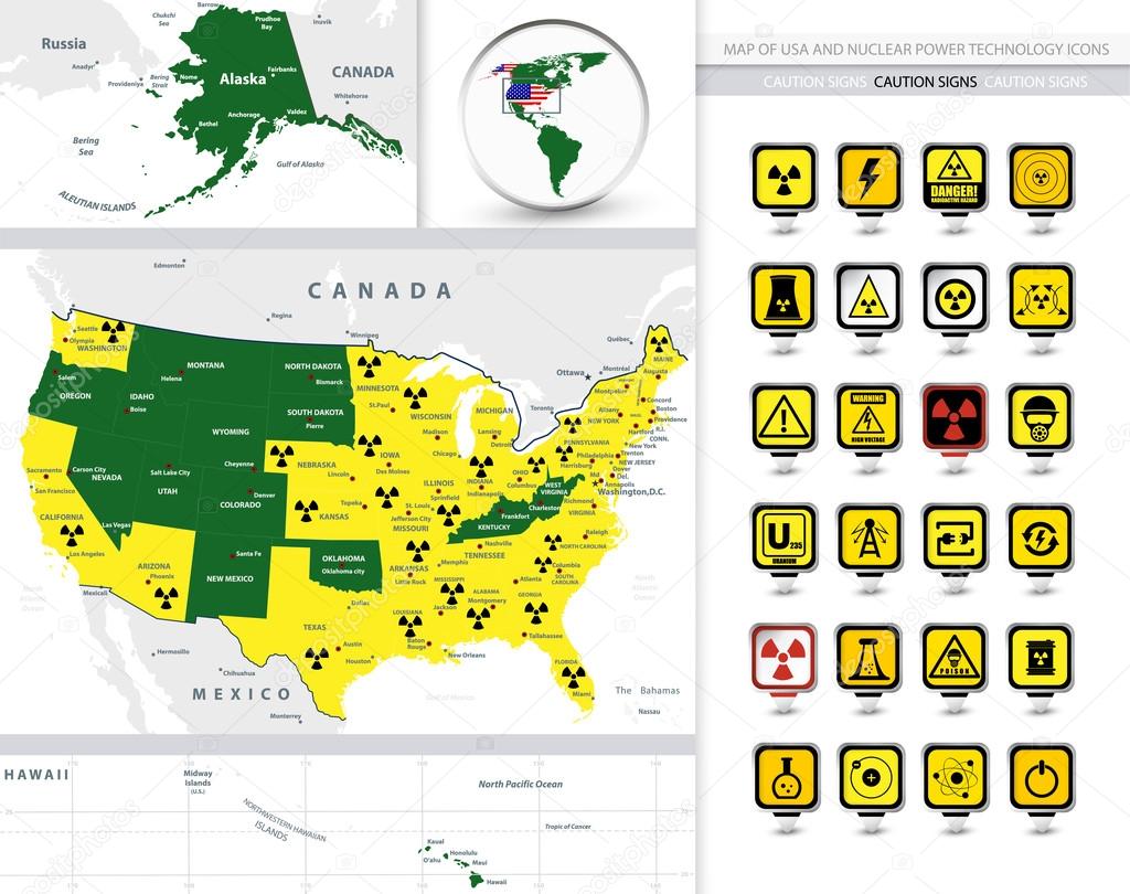 Map of USA and Nuclear Power Technology Icon Set.