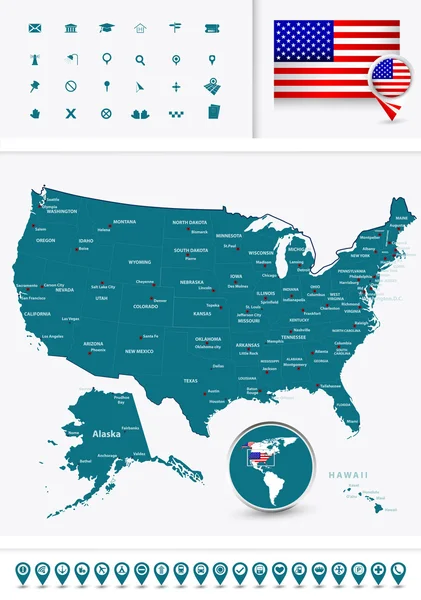 Mapa Usa z ikonami — Wektor stockowy