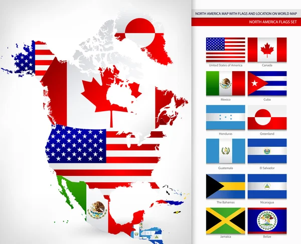 Mappa del Nord America con bandiere — Vettoriale Stock