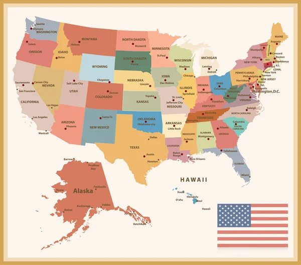 Vintage χρώμα πολιτικό χάρτη των ΗΠΑ — Διανυσματικό Αρχείο