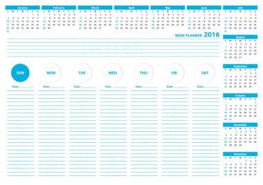 2016 English Week Planner Vector Template Blue Color