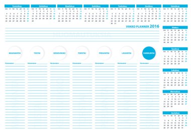 2016 Finland Week Planner Vector Template Blue Color