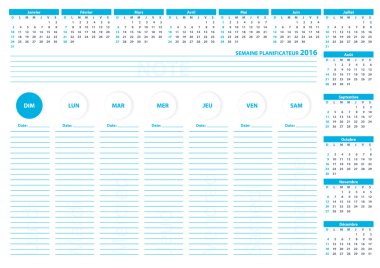 2016 French Week Planner Vector Template Blue Color