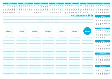 2016 Sweden Week Planner Vector Template Blue Color
