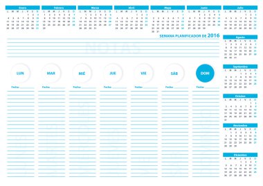2016 Spain Week Planner Vector Template Blue Color