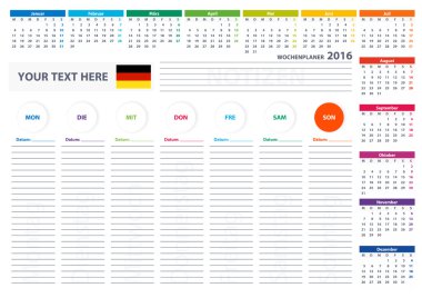 2016 German Week Planner Calendar Vector Design Template