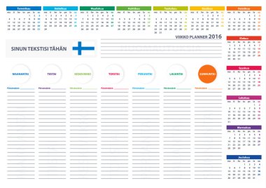 2016 Finland Week Planner Calendar Vector Design Template
