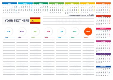 2016 Spain Week Planner Calendar Vector Design Template