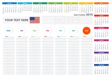 2016 USA Week Planner Calendar Vector Design Template