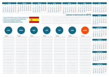 2016 Spain Week Planner Calendar Vector Design Template 2
