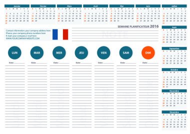 2016 French Week Planner Calendar Vector Design Template 2