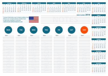 2016 USA Week Planner Calendar Vector Design Template 2