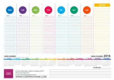 Week Planner 2016 Calendar Vector Design Template Isolated on Wh