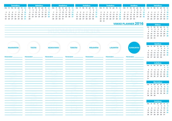 2016 Finland Week Planner Vector Template Blue Color — ストックベクタ