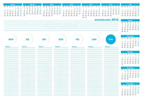 Plantilla de vectores de planificador de semana alemana 2016 Color azul — Archivo Imágenes Vectoriales