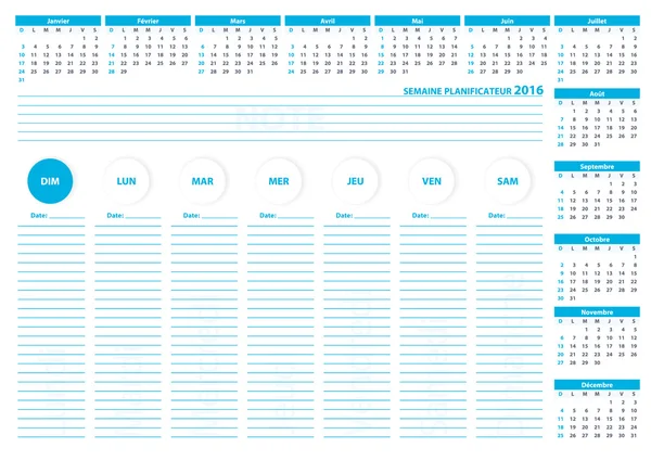 2016 French Week Planner Vector Template Blue Color — ストックベクタ
