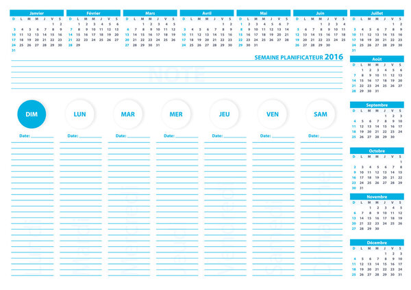 2016 French Week Planner Vector Template Blue Color