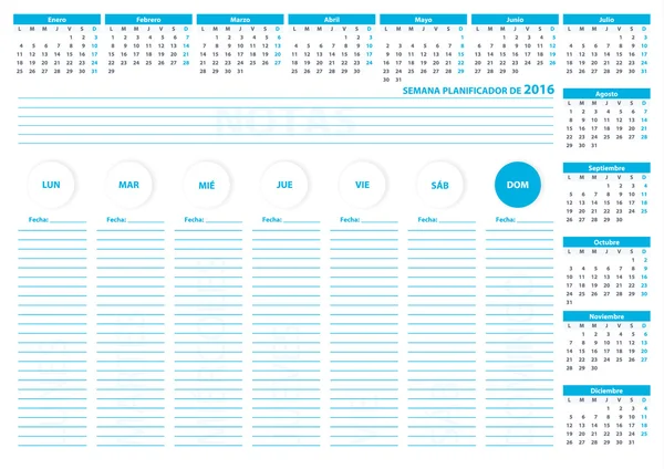 2016 Spain Week Planner Vector Template Blue Color — ストックベクタ