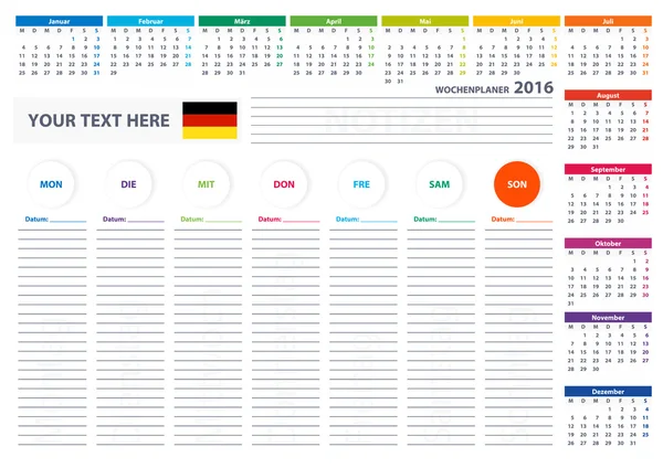 2016 German Week Planner Calendar Vector Design Template — Wektor stockowy