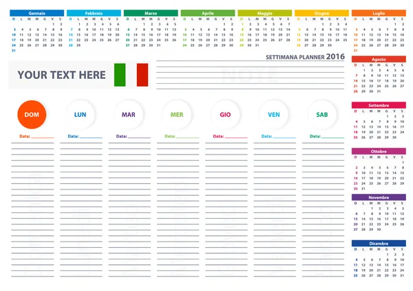 2016 Italian Week Planner Calendar Vector Design Template — 스톡 벡터