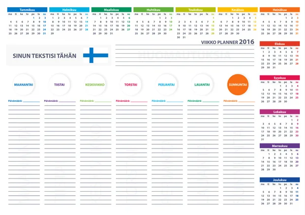 2016 Finland Week Planner Calendar Vector Design Template — стоковий вектор