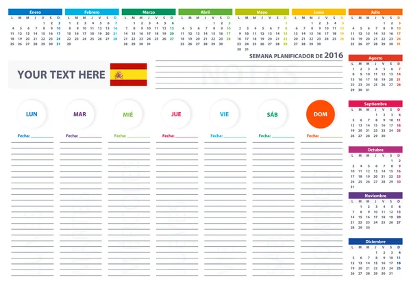 2016 Spain Week Planner Calendar Vector Design Template — Stock Vector